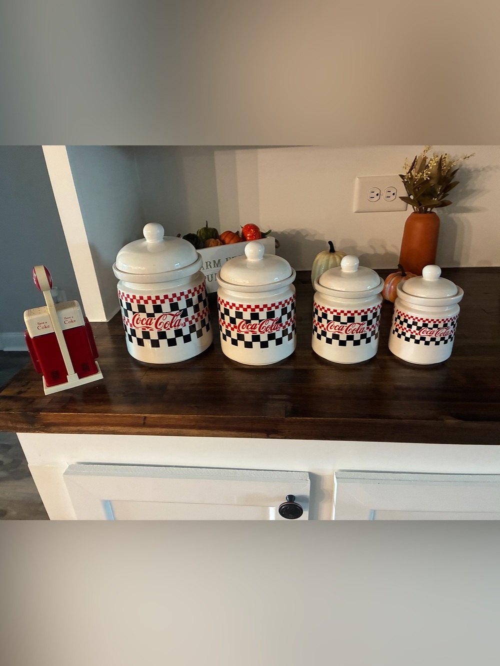 Vintage Coca Cola White Ceramic Canister Set of 4 with Antique Salt & Pepper Set
